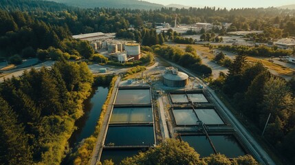 Aerial view of a wastewater treatment plant surrounded by lush greenery.