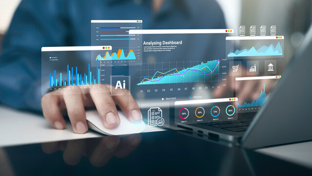 Businessman using laptop computer analyzing sales data, financial growth graph chart report. Data analysis with Ai technology. Business planning, strategy and development, Accounting. market research - Powered by Adobe