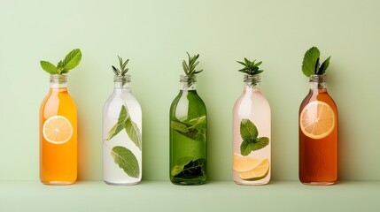 Refreshing Fruit and Herb Infused Beverages in Glass Bottles on Green Background