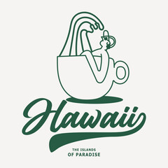 Creative Hawaii design with a surfer riding waves inside a coffee cup. Represents tropical paradise, surfing, and island vibes. Ideal for apparel, branding, or travel-themed designs.
