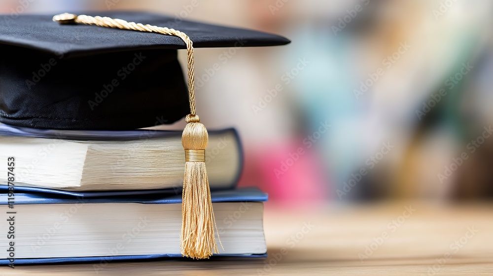 Poster stack of books with graduation cap representing knowledge and educational achievement : generative a