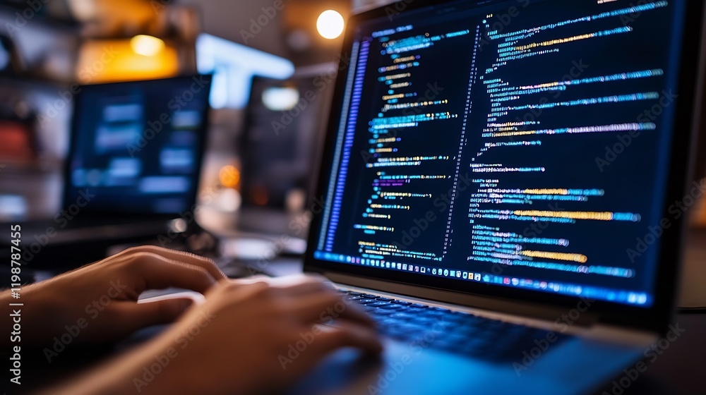 Poster Developer Coding in Modern Software Environment with Computer Screen Displaying Code : Generative AI