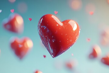 Obraz premium Floating shiny red hearts on dreamy blue background