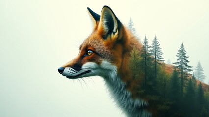 Obraz premium Double exposure portrait of a fox blends with an ancient green forest