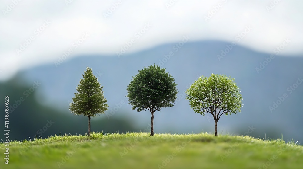 Aufkleber Tranquil Landscape with Three Diverse Trees on a Sunny Day for Nature and Environment Themes : Generative AI