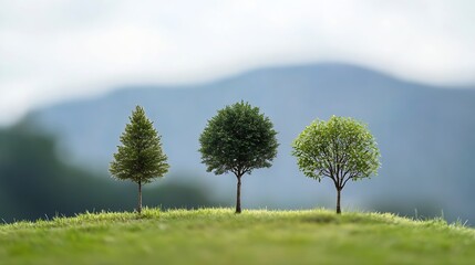 Fototapeta premium Tranquil Landscape with Three Diverse Trees on a Sunny Day for Nature and Environment Themes : Generative AI