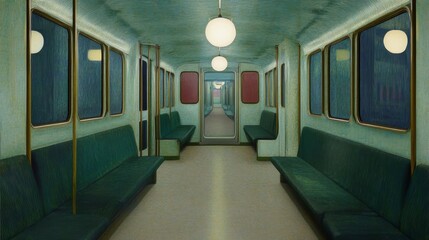 Fototapeta premium Vintage Subway Interior with Green Seats and Retro Lighting