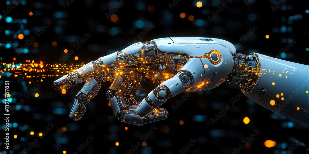 Poster futuristic robotic hand interacting with digital particles in real-time ai technology concept