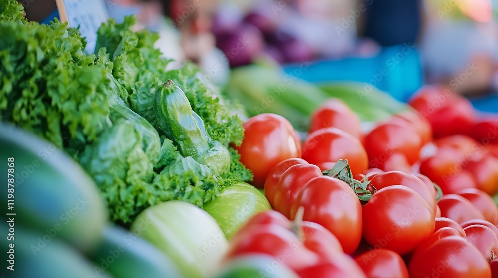 Poster vibrant vegetable market display with fresh tomatoes lettuce and cucumbers in a colorful outdoor set