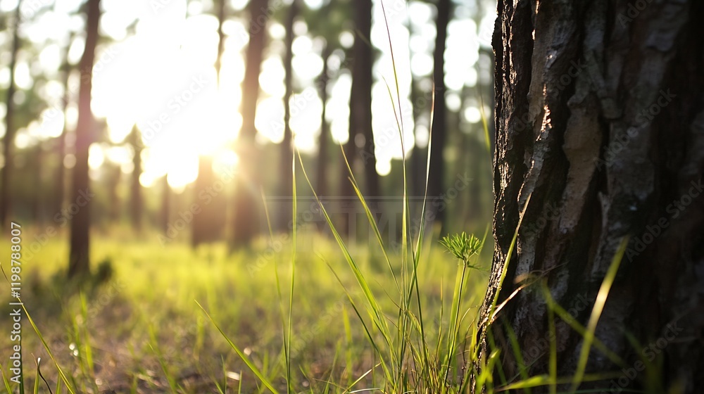 Poster sunlit woodland scene with tree trunk and lush green grass close-up : generative ai
