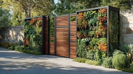 Contemporary gate with modular vertical garden panels, allowing customizable plant arrangements