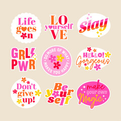 Set of positive thinking concept stickers design. Encourage quotes lettering with cute elements.