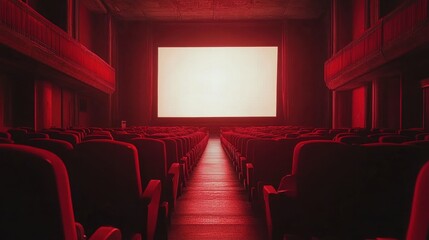 Fototapeta premium People in the cinema auditorium with Cinema blank wide screen and red chairs in the cinema hall,People silhouettes watching movie performance,empty white screen,space for text,copy space.