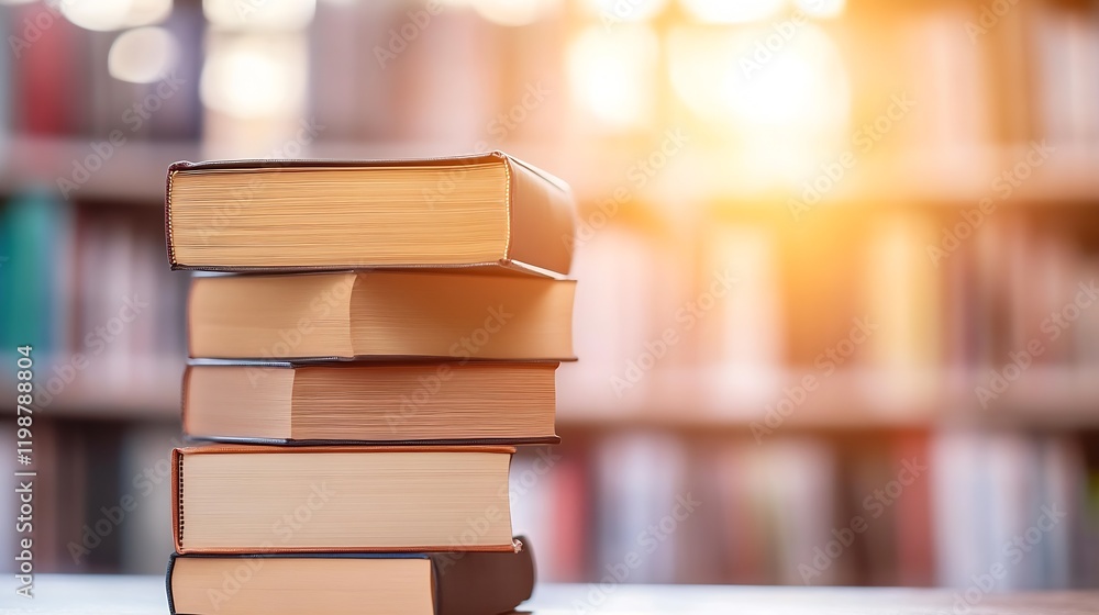 Poster stack of hardcover books in a library against blurred bookshelf background representing information 