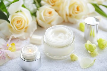 Luxurious Skincare and Aromatherapy Setup with Roses and Candles : Generative AI