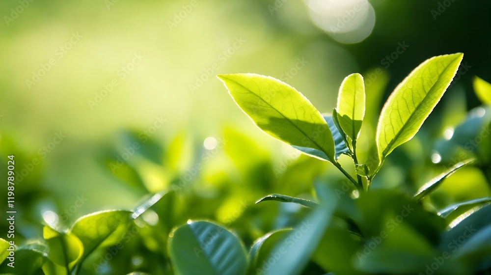 Poster Sunlit Green Leaves with Natural Bokeh Background : Generative AI