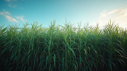 Obraz premium Lush green cornfield under a clear blue sky
