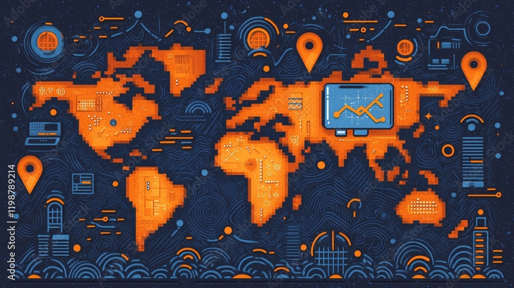 Poster global network data visualization pixel art map