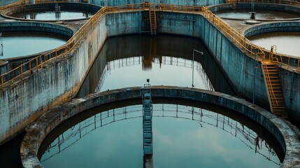 Aerial view of a wastewater treatment plant with circular sedimentation tanks.