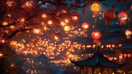 Naklejka premium Enchanted Asian City at Night with Cherry Blossoms and Glowing Lanterns