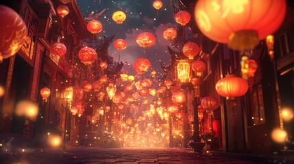 Obraz premium Enchanted Asian Street at Night with Glowing Red Lanterns