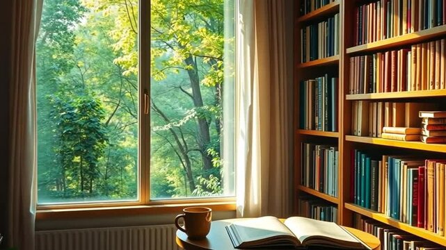 library with natural view from the window, 4k smooth looping video