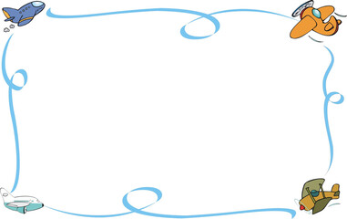 Frame design with flying aero planes, Hand drawn images border in a rectangular format for invitations, posters and cards in ethnic style.