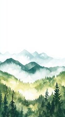 Fototapeta premium Watercolor of landscape forest misty mountains horizon and fog and hills,pine tree fir tree,Autumn forest background,drawn by hand,Autumn illustration design elements for landscape,wallpaper.