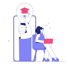 Fototapeta premium Light Bulb With Graduation Cap And Woman Using Laptop In Flat Vector Illustration Symbolizing Education, Learning, And Online Courses, Isolated On White Background