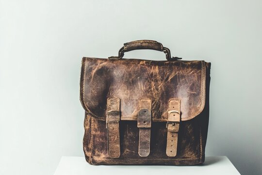 A leather briefcase with a worn leather strap. The briefcase is brown and has a vintage look