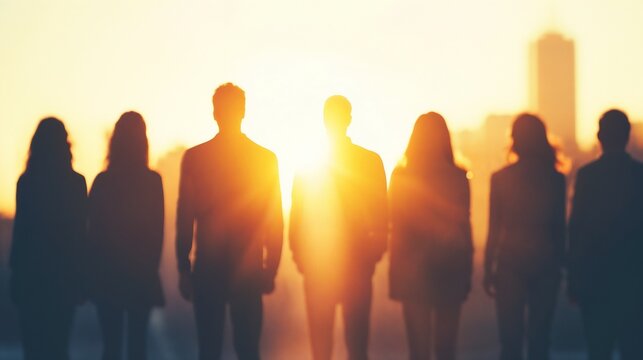 Silhouettes of people standing against sunset sky. Represents team unity, shared vision, and collaborative success stories.