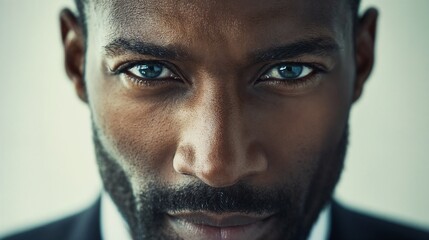 Obraz premium Intense close-up portrait of Black man with serious expression. Perfect for strength, determination, and personal empowerment themes.