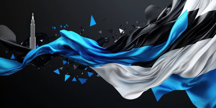 Abstract Estonian Flag Design with Modern Skyscraper and Geometric Fragments - Powered by Adobe