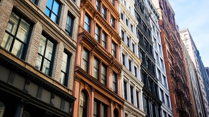 Obraz premium Historic Architectural Facade of New York Buildings in Sunlit Urban Setting : Generative AI
