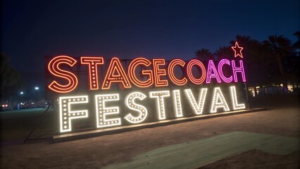 This image showcases a large, illuminated sign for the "Stagecoach Festival" at night