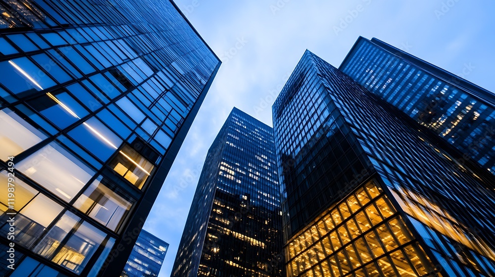 Aufkleber Skyward View of Illuminated Skyscrapers at Dusk Creating an Urban Symphonic Harmony : Generative AI