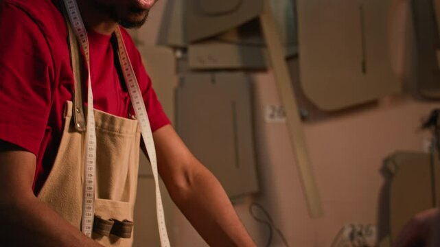 Tilt shot of young concentrated African American craftsman wearing apron measuring leather details together with unrecognizable colleague in equipped workshop with warm lighting