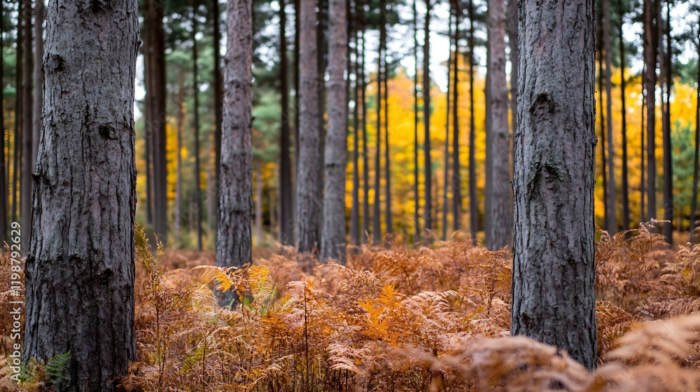 Poster autumn forest with tall pine trees and colorful ferns on a crisp day : generative ai