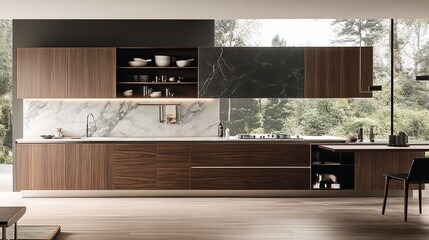 Modern kitchen design with wood cabinets, marble backsplash, and large window.