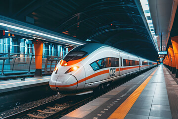 Fototapeta premium Modern big high-speed train in fast motion passes through railway stations, abstract vivid composition consists of fictional unreal fantastic vision on background