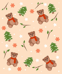 seamless pattern with teddy bears, flowers, pine tree and stars