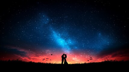 Fototapeta premium Silhouette of a couple embracing under a starry sky with vibrant colors in the background, representing love, romance, and connection in a beautiful setting