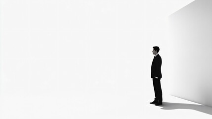 Obraz premium Businessman in a suit standing alone in a white room, contemplating in solitude. Minimalist concept of introspection and serenity.