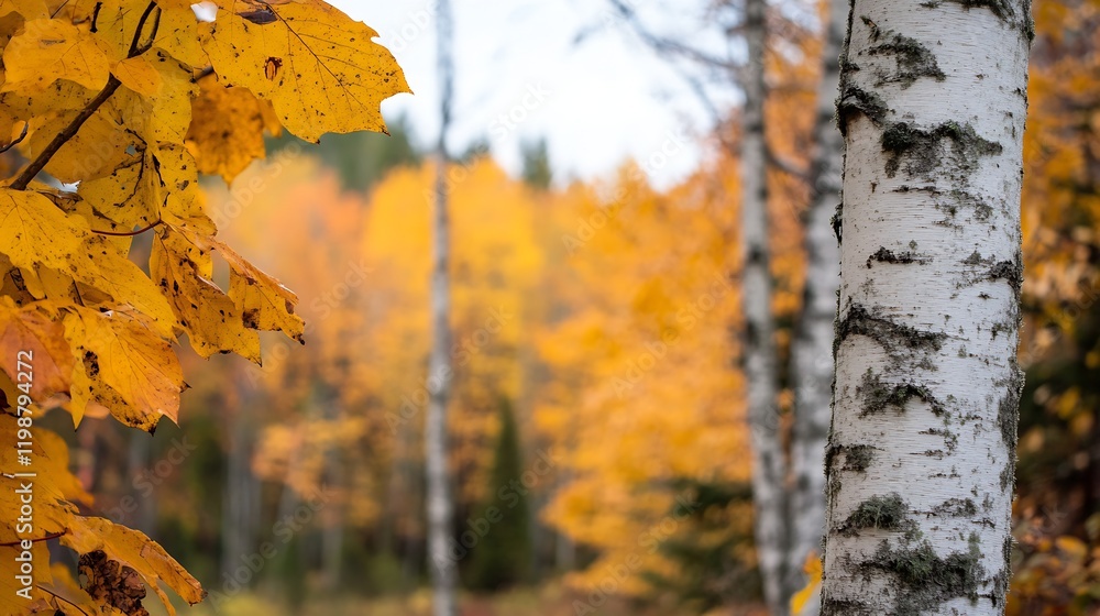 Poster close-up of birch tree and colorful autumn leaves in sunlit woodland setting : generative ai