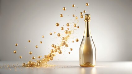 Elegant bottle with delicate golden drops of champagne suspended in mid-air, surrounded by a soft white background, conveying luxury and sophistication , refined, champagne