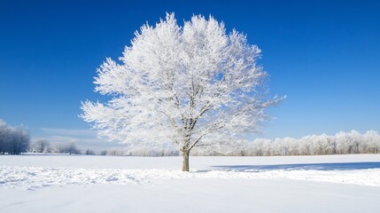 Fototapeta premium Solitary Tree In Snow Covered Field Under Bright Blue Winter Sky : Generative AI