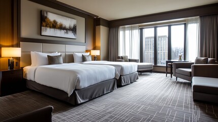 Luxury Hotel Room with Double Beds and Panoramic City View : Generative AI