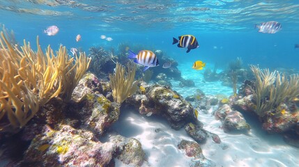 Fototapeta premium Vibrant underwater scene with colorful fish swimming around coral reef and white sandy bottom.