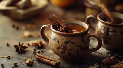 Cozy Autumn Spice Tea in Rustic Pottery Mugs