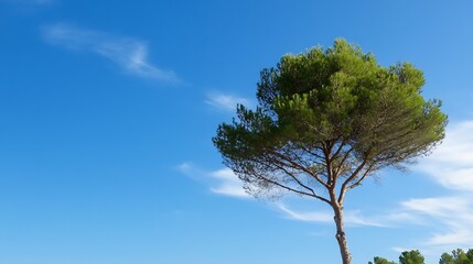 Obraz premium Beautiful Pine Tree Against Clear Blue Sky with Gentle Cloud Patterns : Generative AI